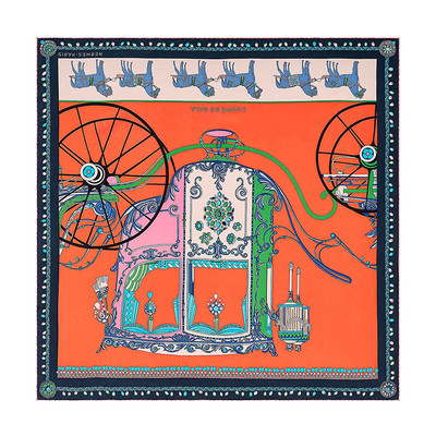 HERMES/爱马仕 &ldquo;华丽的马车&rdquo;女士90厘米水洗方巾 橙色/绿色/多色 H072729S 04-BA11